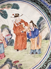 A Chinese Canton enamel flower-shaped 'Three Star Gods' plate, Qianlong