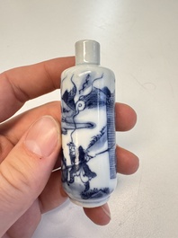 Three Chinese blue, white and copper-red snuff bottles with narrative design, 19th C.