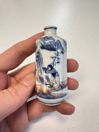 Three Chinese blue, white and copper-red snuff bottles with narrative design, 19th C.
