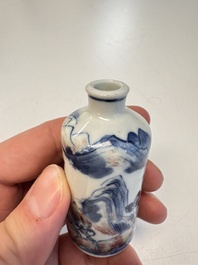 Three Chinese blue, white and copper-red snuff bottles with narrative design, 19th C.