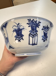 A Chinese blue and white vase with handles and a bowl, Kangxi mark, Kangxi and later