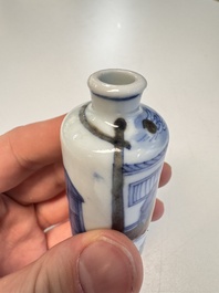 Two Chinese blue, white and copper-red snuff bottles with narrative design, 19th C.