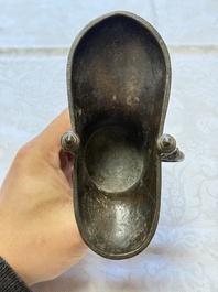 A Chinese archaistic bronze ritual wine vessel, Jue 爵, Qianlong mark, dated 1738