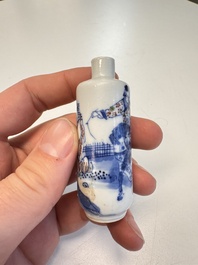 Three Chinese blue, white and copper-red snuff bottles with narrative design, 19th C.