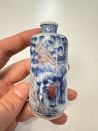 Two Chinese blue, white and copper-red snuff bottles with narrative design, Yongzheng and flower mark, 19th C.