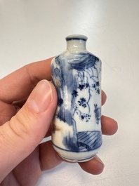 Three Chinese blue, white and copper-red snuff bottles with narrative design, 19th C.