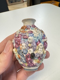 Two Chinese famille rose '18 Luohan' snuff bottles, Qianlong and Daoguang marks, 19th C.