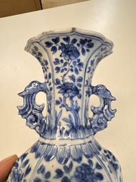 A Chinese blue and white vase with handles and a bowl, Kangxi mark, Kangxi and later
