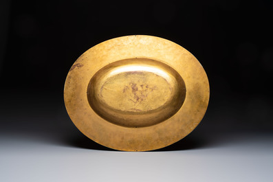 A large champlev&eacute; enamelled gilt bronze dish with enamel medallions, illegibly signed, probably France, 19th C.