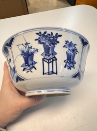 A Chinese blue and white vase with handles and a bowl, Kangxi mark, Kangxi and later