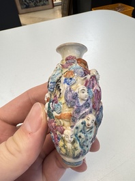 Two Chinese famille rose '18 Luohan' snuff bottles, Qianlong and Daoguang marks, 19th C.