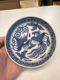 Five Chinese blue and white 'Phoenix' saucers, Wanli mark and of the period