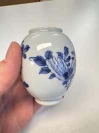 A Chinese blue and white covered tea caddy and a covered teapot with ducks, Kangxi