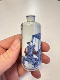 Two Chinese blue, white and copper-red snuff bottles with narrative design, 19th C.