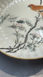 A Chinese qianjiang cai dish and a plate, two famille rose plates and a saucer, Chenghua, Yongzheng and Guangxu marks, 19th C.
