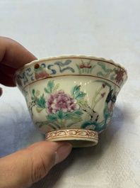 Five Chinese famille rose 'Phoenix and Peony' cups and three saucers for the Peranakan market, Qianlong, Guangxu and Zhou Shunxing 周順興 marks, Republic
