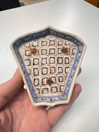 A Chinese famille rose nine-piece 'Plum Blossoms' sweetmeat set on a wooden tray, 19th C.