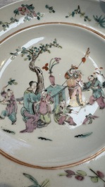 A Chinese qianjiang cai dish and a plate, two famille rose plates and a saucer, Chenghua, Yongzheng and Guangxu marks, 19th C.