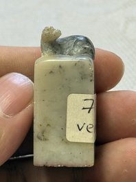 A Chinese soapstone seal with a carved mythical animal, inscribed Ying Hua Hong Bai Shang 樱花红陌上, 19/20th C.