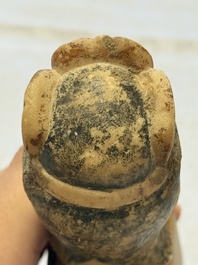 A rare Chinese polychrome carved white marble head of a Bodhisattva on a stand, Northern Qi
