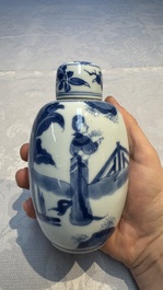 A Chinese blue and white 'Long Eliza' tea caddy and cover, Chenghua mark, Kangxi
