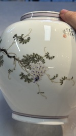 A Chinese famille rose 'Birds among Flowering Branches' eggshell lantern on stand, signed Yuan Qing 元清, dated 1987