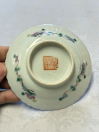 Five Chinese famille rose 'Phoenix and Peony' cups and three saucers for the Peranakan market, Qianlong, Guangxu and Zhou Shunxing 周順興 marks, Republic