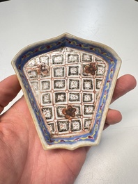 A Chinese famille rose nine-piece 'Plum Blossoms' sweetmeat set on a wooden tray, 19th C.