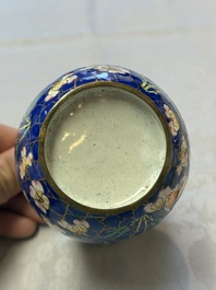 A Chinese Canton enamel 'Prunus on Cracked Ice' spittoon and two snuff dishes, 19th C.