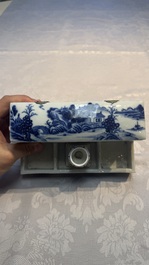 A rare Chinese blue and white 'Mountainous Landscape' writing set with an inkwell, sander and candlestick, Qianlong