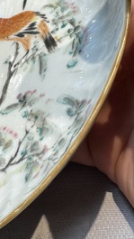 A Chinese qianjiang cai dish and a plate, two famille rose plates and a saucer, Chenghua, Yongzheng and Guangxu marks, 19th C.