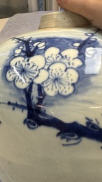 A Chinese blue and white 'Three Friends of Winter' jar with an openworked wooden cover, Transitional period