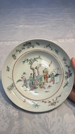 A Chinese qianjiang cai dish and a plate, two famille rose plates and a saucer, Chenghua, Yongzheng and Guangxu marks, 19th C.