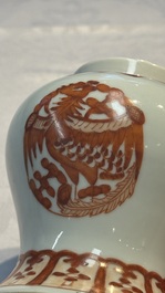A Chinese polychrome 'Erotic' vase, an iron-red 'Phoenix' jar and a famille verte 'Dragon' stand,  Chun Yi Tang Zhi 春怡堂制 and Tongzhi mark, 19/20th C.
