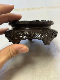 A Chinese claire-de-lune handled vase, with a wooden stand and its original hongmu box, Yongzheng mark, Republic