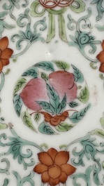 A Chinese qianjiang cai dish and a plate, two famille rose plates and a saucer, Chenghua, Yongzheng and Guangxu marks, 19th C.