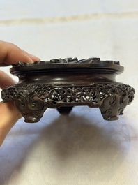 A Chinese claire-de-lune handled vase, with a wooden stand and its original hongmu box, Yongzheng mark, Republic