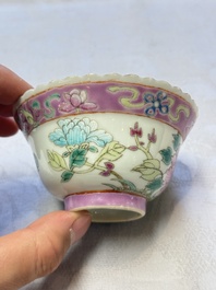 Five Chinese famille rose 'Phoenix and Peony' cups and three saucers for the Peranakan market, Qianlong, Guangxu and Zhou Shunxing 周順興 marks, Republic