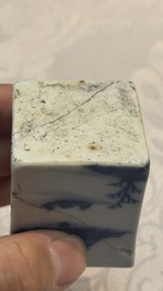 A rare Chinese blue and white 'Mountainous Landscape' writing set with an inkwell, sander and candlestick, Qianlong