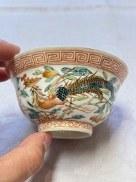 Five Chinese famille rose 'Phoenix and Peony' cups and three saucers for the Peranakan market, Qianlong, Guangxu and Zhou Shunxing 周順興 marks, Republic