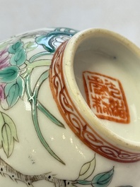 Five Chinese famille rose 'Phoenix and Peony' cups and three saucers for the Peranakan market, Qianlong, Guangxu and Zhou Shunxing 周順興 marks, Republic