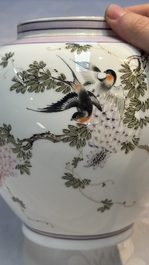 A Chinese famille rose 'Birds among Flowering Branches' eggshell lantern on stand, signed Yuan Qing 元清, dated 1987