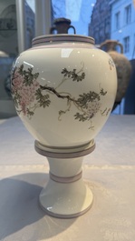 A Chinese famille rose 'Birds among Flowering Branches' eggshell lantern on stand, signed Yuan Qing 元清, dated 1987