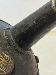 A Korean silver-inlaid iron 'He Lu Tong Chun 鶴鹿同春' tripod censer, Joseon, 18th C.