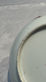 A Chinese qianjiang cai dish and a plate, two famille rose plates and a saucer, Chenghua, Yongzheng and Guangxu marks, 19th C.
