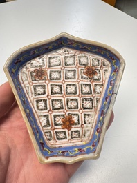 A Chinese famille rose nine-piece 'Plum Blossoms' sweetmeat set on a wooden tray, 19th C.