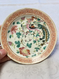 Five Chinese famille rose 'Phoenix and Peony' cups and three saucers for the Peranakan market, Qianlong, Guangxu and Zhou Shunxing 周順興 marks, Republic