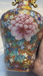 A pair of Chinese famille rose 'Millefleur' vases, Qianlong mark, Republic