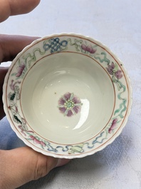 Five Chinese famille rose 'Phoenix and Peony' cups and three saucers for the Peranakan market, Qianlong, Guangxu and Zhou Shunxing 周順興 marks, Republic