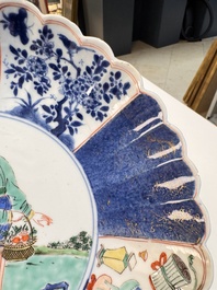A rare pair of Chinese famille verte lobed plates with elegant ladies, Kangxi